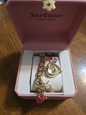 Juicy Couture Gold-Tone Heart Charm Bracelet Watch with Pink and Red Accents